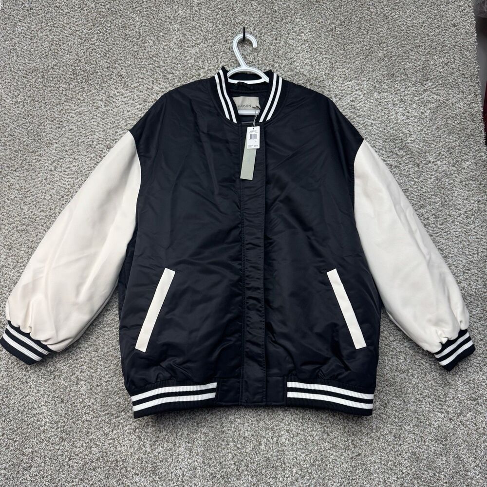 Hudson Varsity Jacket Men's Large Black White Bomber Coat Nylon New With Tags